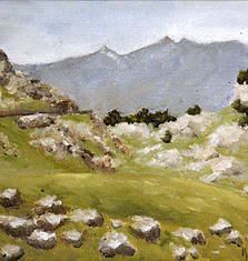 an oil painting of sheep grazing in the mountains