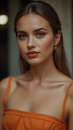 a woman with blue eyes wearing an orange dress