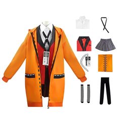 an orange jacket, skirt and shoes are shown in this doll's outfit set