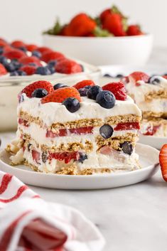 a piece of cake on a plate with berries and strawberries in the back ground