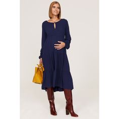 Blue cotton plain weave (100% Rayon). A-line. Long sleeves. Crewneck. Front button closure. 44" from shoulder to hemline. Imported. Camel Colored Boots, Colored Boots, Cobalt Blue Dress, Rent The Runway, Closet Designs, Camel Color, Maternity Dress, Plain Weave, Maternity Dresses