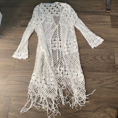 Perfect Over A Tank Top, Dress Or Bathing Suit Never Worn White Hippie Summer Cover-up, White Long Sleeve Crochet Beach Cover-up, White Crochet Beach Cover-up, White Crochet Dress For Beach Cover-up, White Bohemian Open Knit Cover-up, 70s Makeup, Womens Swim, Bathing Suits, Cover Up