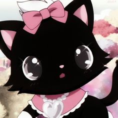 a black cat with a pink bow on its head