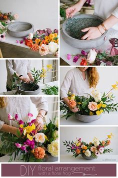 a woman arranging flowers in a bowl on top of a table with the words diy floral arrangement