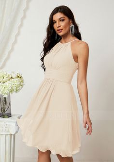 Fitted Sleeveless Chiffon Evening Dress, Fitted Sleeveless Chiffon Halter Dress, Chiffon A-line Bridesmaid Evening Dress, Solid Sleeveless Dress For Prom, Chiffon A-line Dress With Ruched Bodice, Sleeveless Chiffon Dress For Wedding, Sleeveless Chiffon Bridesmaid Dress, Sleeveless Chiffon Dress For Cocktail, Sleeveless Cocktail Chiffon Dress