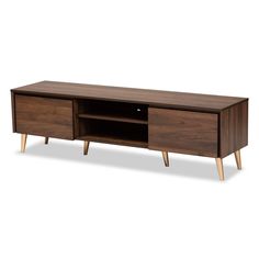 the sideboard is made from wood and has two drawers on each side, one door open