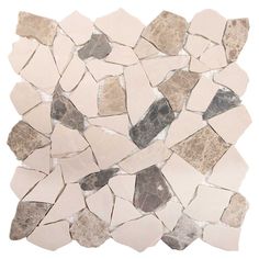 a white and grey mosaic tile with small rocks on the bottom, in different colors