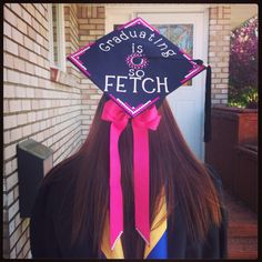 a woman wearing a graduation cap that says, graduating is so fetch