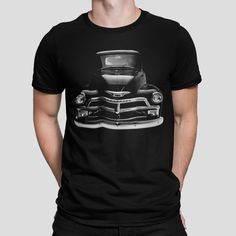 * This design is printed on a 100% Cotton T-Shirt * We offer a large selection of great designs, so take your time and browse through all our cool products! * Make great gifts for friends & family members! Retro Black T-shirt With Custom Print, Truck Front View, Chevy 3100, Pick Up Truck, 1955 Chevy, Cool Products, T Shirt Photo, Take Your Time, Great T Shirts