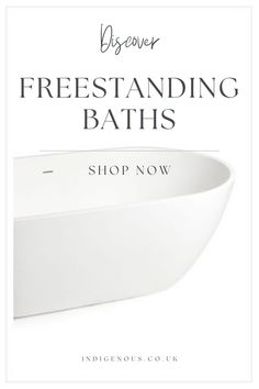 a white bath tub sitting on top of a counter next to the words, discovering firestanding baths shop now