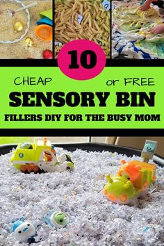 some toys are sitting in a bin filled with shredded paper and the title reads 10 cheap or free sensory bin fillers diy for the busy mom