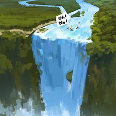 a painting of a waterfall with a sign that says do not enter the water below