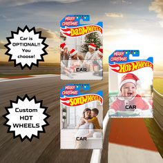 three different photos with the words hot wheels on them and an image of a baby in a santa's hat