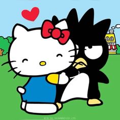 hello kitty and black cat hugging each other