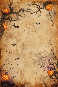 an old paper with pumpkins and bats on it