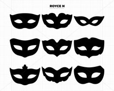 a set of black masks with different shapes and sizes on white paper, including the word'royce n '