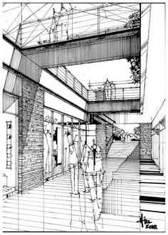 a black and white drawing of people standing in front of a brick building with stairs