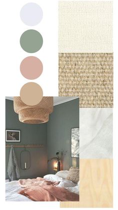 a collage of different colors and textures in a bedroom with white linens, wood flooring, and bedding