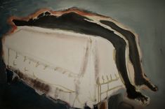 an oil painting of a bed with white sheets and black trim on it's headboard