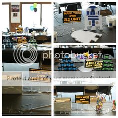 several pictures of different tables and chairs at a corporate event with signs on the table