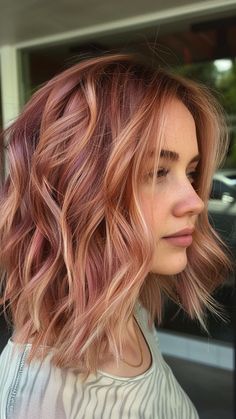 Rose Gold And Auburn Hair, Rose Gold Hair With Highlights, Copper Hair With Rose Gold Highlights, Copper Pink Hair Rose Gold, Copper And Rose Gold Hair, Subtle Fun Hair Color, Copper And Teal Hair, Rose Gold Red Hair, Peach Hair Color Rose Gold