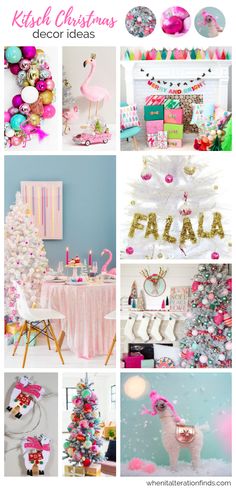 a collage of pink and gold christmas decorations, including a flamingo table cloth