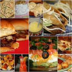 a collage of different food items including sandwiches, macaroni salads and other foods