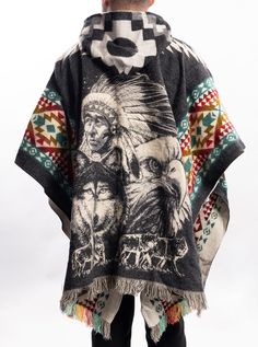 Material: 15% Alpaca wool and 85% acrylic wool.Color: Black and ColorsStyle: Aztek - Mexican StyleSize:Length: 192cm (75")Width: 112 cm (44")It refers to the total measurements of the poncho when it is fully open (like a blanket)Note: Since this product is handmade, it may present slight variations from the pictures. Mexican Poncho Outfit Men, Traditional Festival Poncho With Woven Motifs, Mexican Ponchos Mens, Indian Blanket Poncho, Multicolor Handwoven Folk Poncho, Mens Poncho, Mexican Style, Cow Boy, Alpaca Wool