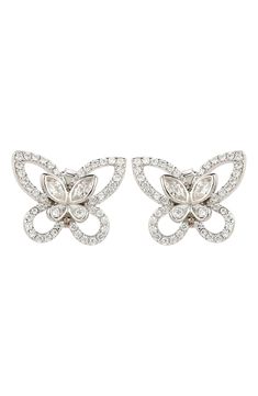 Cubic zirconia stones sparkle along unique cutout details that create a sterling silver butterfly stud earring that is sure to dazzle. Post back Sterling silver/cubic zirconia Imported Butterfly-shaped Cubic Zirconia Earrings For Formal Occasions, Butterfly Cubic Zirconia Earrings For Formal Occasions, Butterfly Cubic Zirconia Earrings For Formal Events, Formal Butterfly Cubic Zirconia Earrings, Formal Butterfly-shaped Cubic Zirconia Earrings, Silver Butterfly Fine Jewelry Earrings, Butterfly Diamond Earrings With Diamond Accents, Silver Butterfly Earrings Fine Jewelry, Butterfly Shaped Diamond Earrings With Accents