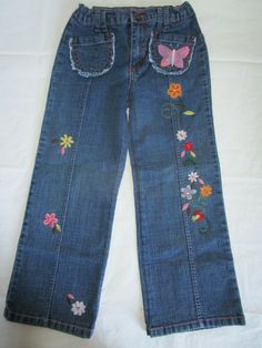 Flapdoodles Girl's Embroidered Straight Wide Leg Stretch Denim Blue Jeans Adjustable Waist Size 5. EUC. Measured Flat Approx. 10 inches across waist. 24.5 inches long top to bottom with 17.5 inch inseam. Ladies Pant, Denim Blue Jeans, Old Jeans, Leg Stretching, Embroidered Jeans, Girls Jeans, Denim Blue, Waist Size, Long Tops