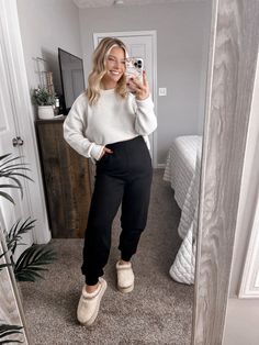 *Free People Inspired* Our Sunday Morning Knit Pants features a super soft knit material, high waisted fit, true black fabrication, side pockets, jogger style bottom fit, regular style length hemline. Model is 5'1", 34DD, 6/28 and is wearing a size small. Item runs slightly oversized. More details: 48% viscose 27% polyester 25% nylon. hand wash or wash on cold and hang to dry. Color Sweatpants Outfit, Leavenworth Outfits, Postpartum Fall Outfits, Joggers Outfit Women Casual, Comfy Warm Outfits, Cute Comfy School Outfits, Comfy Office Outfit, Hairdresser Outfit Work, Outfits With Joggers