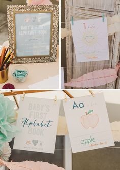 the baby's first book is hanging from a clothes line and there are other items on display