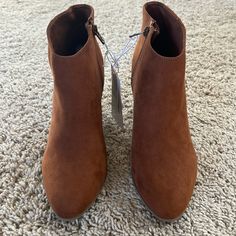 Nwt. Smooth, Faux-Suede Ankle-Length Upper, With Pointed Toe. Side Zippers For Easy On-And-Off. Size: 7 Heel Height: 3” Navy Shoes, Navy And Brown, Ankle Length, Faux Suede, Bootie Boots, Block Heels, Old Navy, Heel Height, Ankle Boots