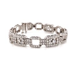 Slim vintage and Art Deco inspired diamond platinum bracelet. Adorned with white round cut diamonds in 7.85 carat total. Diamonds are all natural in G-H Color Clarity VS. Platinum 950 metal. Length: 18 cm Width. 1 cm Weight: 39.8 g [shortcode] [video] [/video] [/shortcode] Diamond Chandelier, White Gold Hoop Earrings, Platinum Bracelet, White Gold Hoops, Platinum Earrings, 18k Gold Jewelry, Colombian Emeralds, Art Deco Inspired, Yellow Diamond