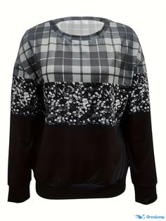 Orcajump - Color Block Plaid Sweatshirt, Casual Crew Neck Long Sleeve Sweatshirt, Women's Clothing Winter Crew Neck Patchwork Tops, Winter Crew Neck Tops With Patchwork, Winter Patchwork Crew Neck Tops, Winter Patchwork Tops With Relaxed Fit, Relaxed Fit Patchwork Tops For Winter, Sweatshirt Women, Long Sleeve Sweatshirt, Long Sleeve Sweatshirts, Color Block