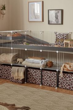 an animal cage in the middle of a living room with leopard print storage bins