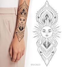 a woman's arm with tattoos on it and an image of the sun behind her