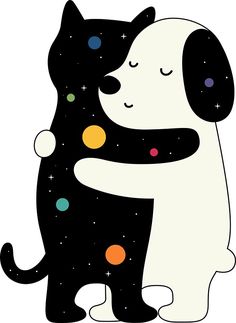 a cat and dog hugging each other with space in the background