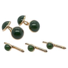 A very fine signed, antique American dress set. Comprised of a pair of Carrington & Co. cufflinks together with 3 associated Larter & Sons buttons. With smooth round nephrite cabochons bezel set in 14k gold. Simply a wonderful, high-level set for the sharp dresser! Date: 20th Century Overall Condition: It is in overall good, as-pictured, used estate condition with some very fine & light surface scratches and other signs of expected light wear consistent with age. Fineness: Marked 14 for 14k gold Diamond Cufflink, Pearl Cufflinks, American Dress, Fox Jewelry, Antique Signs, Gold Cufflinks, Nephrite Jade, Gold Art Deco, Jade Ring