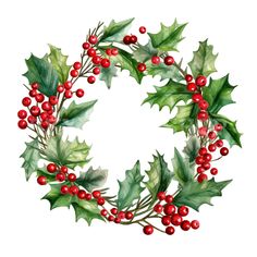 a watercolor christmas wreath with holly and red berries on white background stock photo - budget conscious