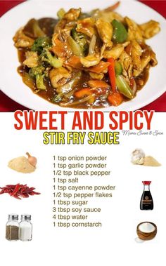 sweet and spicy stir fry sauce recipe on a white plate