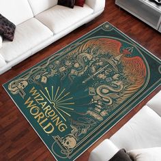 a living room with a large rug that says waring world on the floor next to a white couch