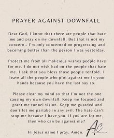 a poem written in black and white with the words prayer against downfall on it