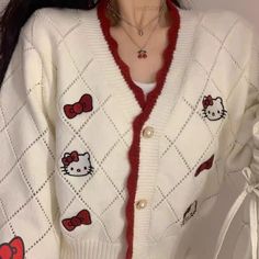 Hello Kitty Cardigan, Sanrio Clothes, Sanrio Fashion, Kitty Clothes, Hello Kitty Clothes, Hello Kitty Items, Patterned Cardigans, 90s Grunge, Printed Cardigan