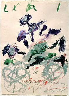 an abstract painting with green and blue colors on it's paper, depicting people riding bicycles