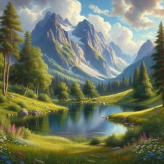 a painting of a mountain lake surrounded by trees and grass with mountains in the background