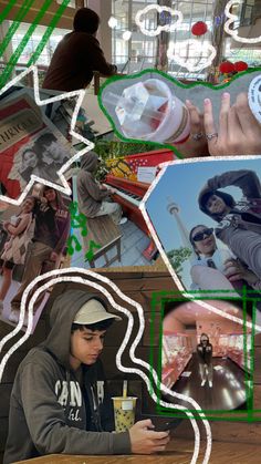 a collage of photos with various people and things in the middle one is holding a cell phone