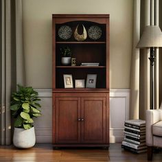 a living room scene with focus on the bookshelf