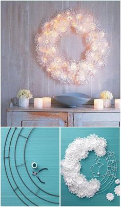 four different pictures with flowers, candles and wire wreaths on the wall in front of them