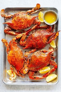 cooked lobsters on a tray with lemon wedges and sauce